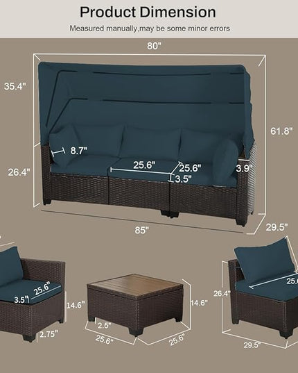 6 PCS Outdoor Patio Furniture Set,Sectional Sofa Set,Rattan Daybed with Retractable Canopy,Adjustable Backrest,Storage Coffee Table,Chaise Chair Sunbed for Garden Poolside Backyard(Sky Blue) - LeafyLoom