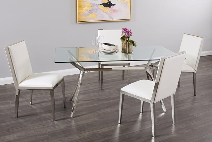 Uptown Club Glass Dining Table with Versatile Rectangular Designs, Tempered Surfaces, and Sturdy Bases for Modern Homes, Seats 4 to 8 People, Elegant Statement Piece, 36" x 63", Silver - LeafyLoom