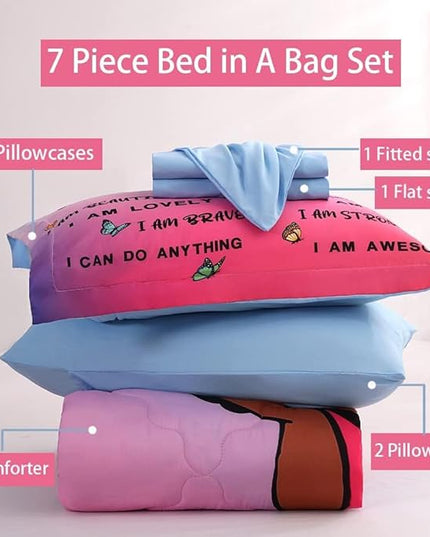 7 Piece Black Girls Magic Comforter Sets Queen Size African American Girl Bedding Set Bed in A Bag for Girls Kids Teens Inspirational Quotes Pink Blue Quilts Room Decor - LeafyLoom