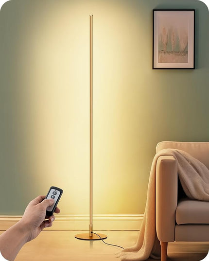 EDISHINE LED Corner Floor Lamp with Remote, 57.5" Minimalist Dimmable Light Pole, Standing Tall Moody Lamp for Living Room, Bedroom, Office, 3000K Warm White Light (Gold) - LeafyLoom
