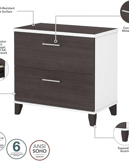 Bush Furniture Somerset 2 Drawer Lateral File Cabinet | Letter, Legal, and A4-size Document Storage for Home Office, 30W x 17D x 29H, White and Storm - LeafyLoom