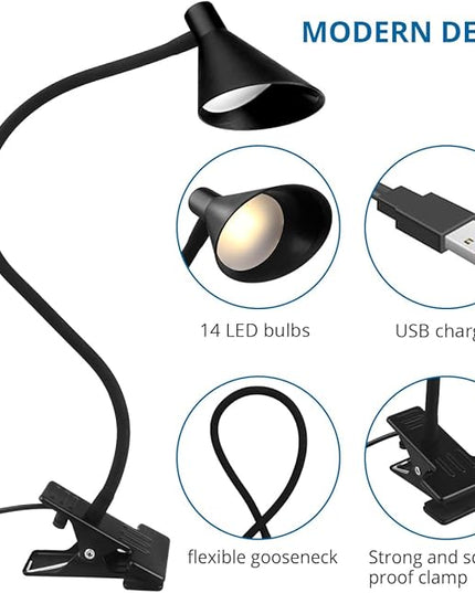 Semlos LED Reading Light, Clamp Lamp 3 Color Modes 5 Brightness, Clip Ligh for Desk Bedside Table, 5W USB Powered, Flexible Arm(Black) - LeafyLoom
