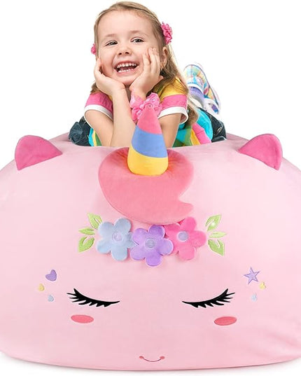 GAGAKU Stuffed Animal Bean Bag Cover Toy Storage, 24 Inches Kids Bean Bag Chair Cover ONLY Pink Unicorn Large Zipper Bean Bag for Organizing Kids Plush Toys Home Supplies (Cover Only) - LeafyLoom