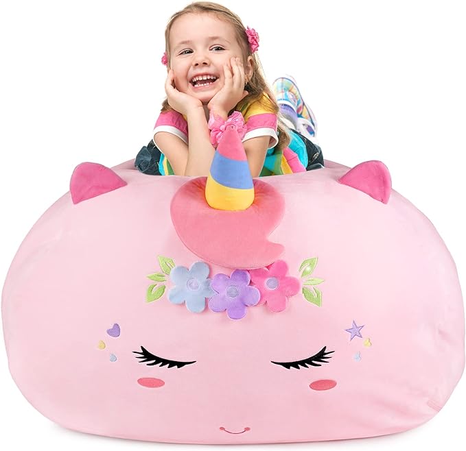 GAGAKU Stuffed Animal Bean Bag Cover Toy Storage, 24 Inches Kids Bean Bag Chair Cover ONLY Pink Unicorn Large Zipper Bean Bag for Organizing Kids Plush Toys Home Supplies (Cover Only) - LeafyLoom
