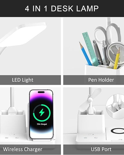 Desk Lamp, Desk Lamps for Home Office with USB Port Pen holder Wireless Charger 360 Gooseneck 3 Color Modes Dimmable Touch Square 800 Lumens CRI 85, Desk Light for college dorm room, White - LeafyLoom
