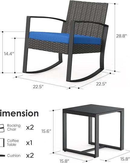 Patio Furniture Set 3 Pieces, Rattan Rocking Patio Chairs, Modern Outdoor Bistro Table and Chairs Conversation Set for Balcony Porch Garden Yard Poolside, Blue - LeafyLoom