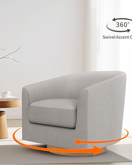 MUUEGM Accent Chair with Arms, 360 Degree Swivel Accent Chair with Wood Base, Modern Barrel Chair for Living Room, Bedroom, Waiting Room, Fully Assembled,Performance Fabric in Light Grey - LeafyLoom