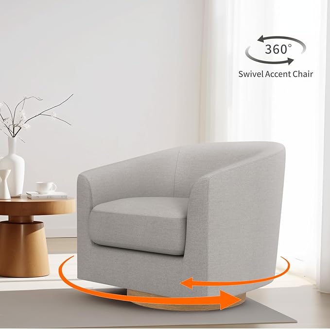 MUUEGM Accent Chair with Arms, 360 Degree Swivel Accent Chair with Wood Base, Modern Barrel Chair for Living Room, Bedroom, Waiting Room, Fully Assembled,Performance Fabric in Light Grey - LeafyLoom