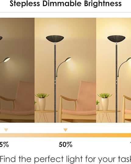 Floor Lamp, LED 20W/2000LM Bright Torchiere Floor Lamp with 5W Adjustable Reading Lamp, Stepless Dimmable Standing Lamp, 2 Rotary Switch, Modern Floor Lamps for Living Room, Bedroom, Office,Bronze - LeafyLoom