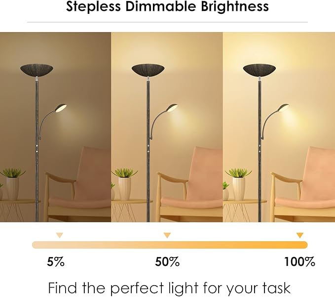 Floor Lamp, LED 20W/2000LM Bright Torchiere Floor Lamp with 5W Adjustable Reading Lamp, Stepless Dimmable Standing Lamp, 2 Rotary Switch, Modern Floor Lamps for Living Room, Bedroom, Office,Bronze - LeafyLoom