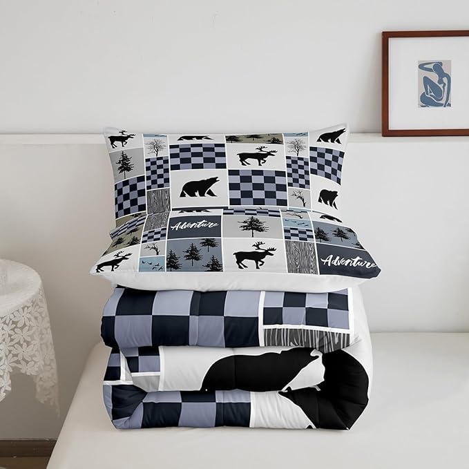 Deer Antler Comforter Set King Size,Bear Rustic Farmhouse Adventure Bedding Set for Kids Boys Girls Adults Room Decor,Pine Trees Plaid Patchwork Down Comforter,Blue Xmas Duvet Insert,2 Pillowcases - LeafyLoom