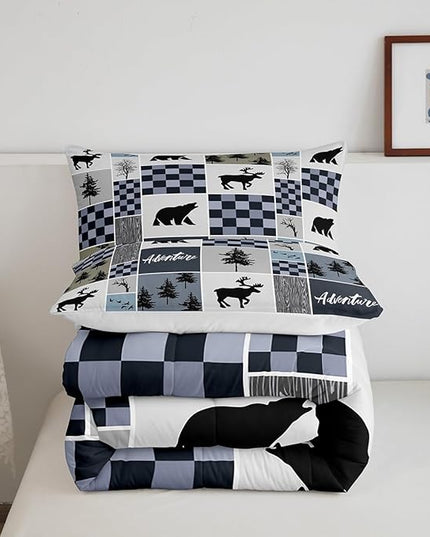 Deer Antler Comforter Set Full Size,Bear Rustic Farmhouse Adventure Bedding Set for Kids Boys Girls Adults Room Decor,Pine Trees Plaid Patchwork Down Comforter,Blue Xmas Duvet Insert,2 Pillowcases - LeafyLoom