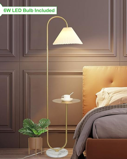 Modern Elegant with Tray Floor Lamp for Office Cafe Den Living Room Bedroom, Foot Switch and Brass/Gold Finish,Light Yellow Pleated Cloth Lampshade - LeafyLoom