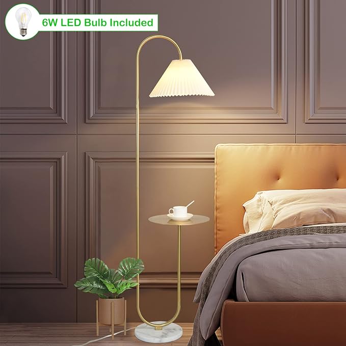 Modern Elegant with Tray Floor Lamp for Office Cafe Den Living Room Bedroom, Foot Switch and Brass/Gold Finish,Light Yellow Pleated Cloth Lampshade - LeafyLoom