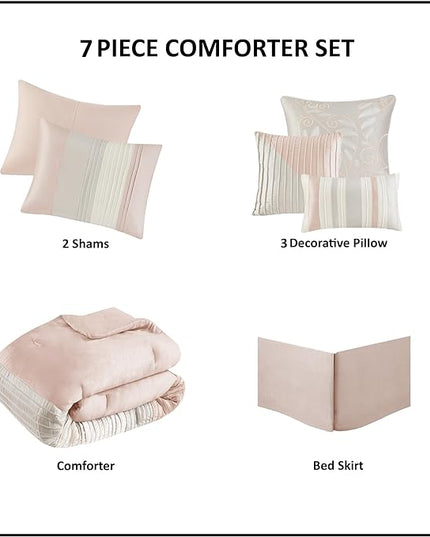 Madison Park Amherst Faux Silk Comforter Set-Casual Contemporary Design All Season Down Alternative Bedding, Matching Shams, Bedskirt, Decorative Pillows, Queen (90 in x 90 in), Blush/Taupe 7 Piece - LeafyLoom