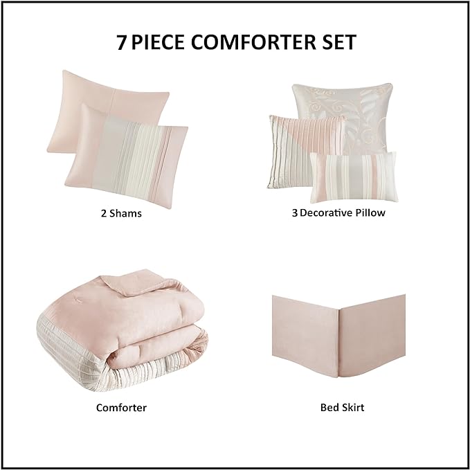 Madison Park Amherst Faux Silk Comforter Set-Casual Contemporary Design All Season Down Alternative Bedding, Matching Shams, Bedskirt, Decorative Pillows, Queen (90 in x 90 in), Blush/Taupe 7 Piece - LeafyLoom