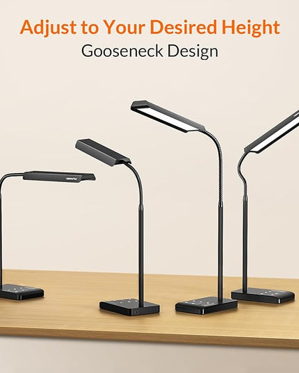 LED Desk Lamp, 12W Reading Desk Lamp for Office Home with 60 Lighting Modes, Touch Control & Timer Function, 750LM Bright Eye-Caring Gooseneck Desk Light Table Lamp for Study, Work, Black - LeafyLoom