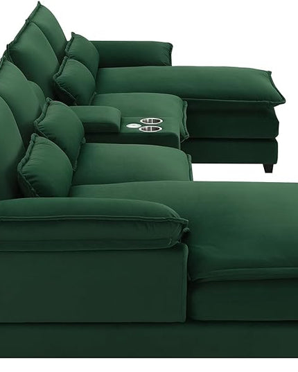 U Shaped Symmetrical Modular Sectional Sofa Cloud Couch with Double Chaise Lounge and Center Console,Cupholders and USB Ports, Deep Seat Upholstered Sleeper Corner Sofa&Couches for Living Room - LeafyLoom