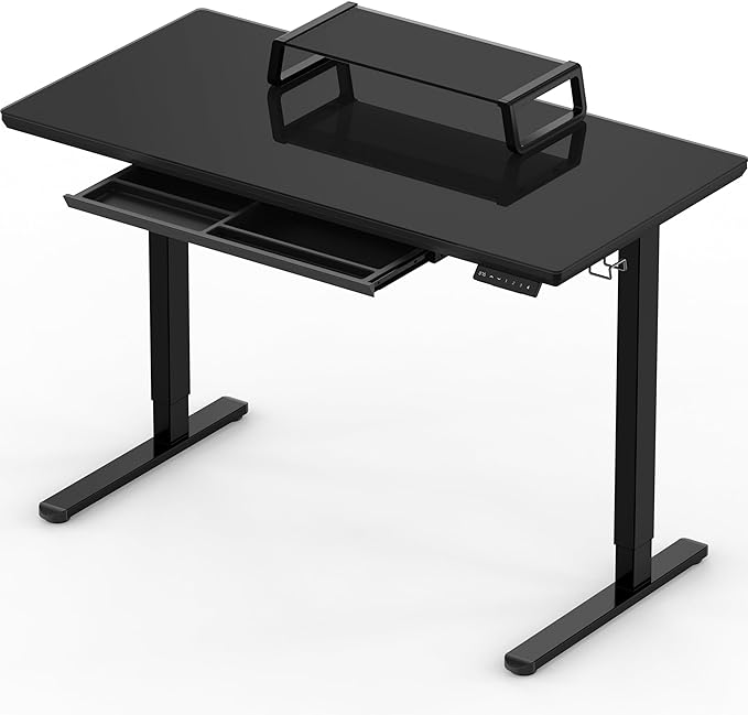 SHW 48-Inch Whole-Piece Glass Electric Height Adjustable Desk with Monitor Riser and Drawer, Black - LeafyLoom