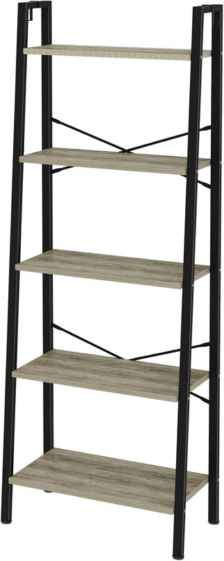 Ladder Shelf, Bookshelf Bookcase, Freestanding Corner Storage Shelve with 2 Hooks for Home Office, Living Room, Kitchen, Bedroom, Industrial, 5-Tier Greige BC19305B - LeafyLoom