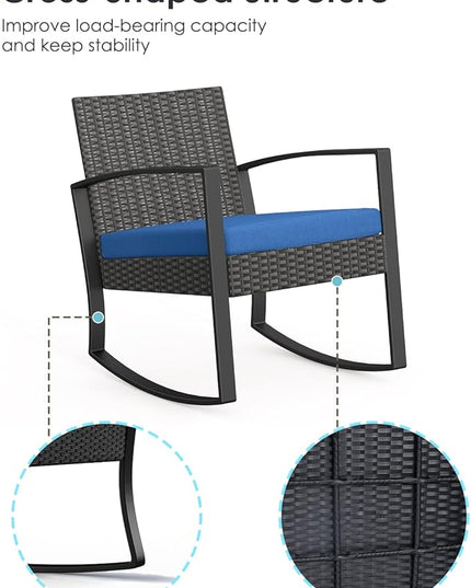 Patio Furniture Set 3 Pieces, Rattan Rocking Patio Chairs, Modern Outdoor Bistro Table and Chairs Conversation Set for Balcony Porch Garden Yard Poolside, Blue - LeafyLoom