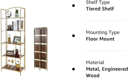 No Assembly Folding Bookshelf, 5 Tier Gold Bookshelf, Metal Book Shelf for Storage, Folding Bookcase for Office Organization and Storage, 12.87" D x 22.91" W x 68.1" H - LeafyLoom
