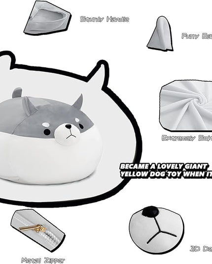 Stuffed Animal Storage Bean Bag Chair Cover for Kids Grey Shiba Inu Dog Bean Bag Chair for Girls X-Large Size Toy Organizer Cover Only Without Filling - LeafyLoom