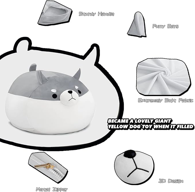 Stuffed Animal Storage Bean Bag Chair Cover for Kids Grey Shiba Inu Dog Bean Bag Chair for Girls XX-Large Size Toy Organizer Cover Only Without Filling - LeafyLoom
