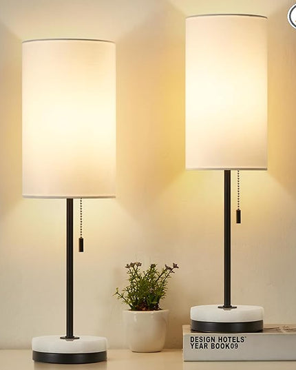 Luvkczc Minimalist Table Lamp Set of 2, Nightstand Lamp for Bedroom Living Room, Modern Pull Chain Bedside Lamp with Marble Base, Fabric Shade, Small Desk Lamp for Home, Office, Reading - LeafyLoom