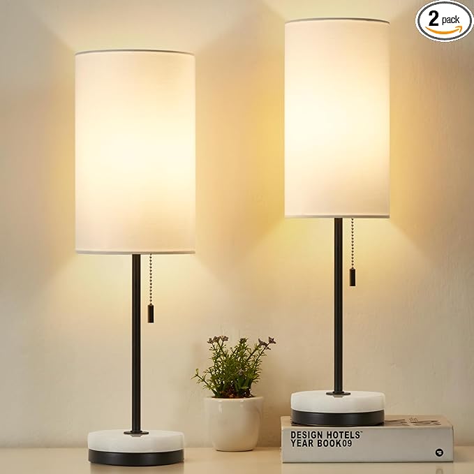 Luvkczc Minimalist Table Lamp Set of 2, Nightstand Lamp for Bedroom Living Room, Modern Pull Chain Bedside Lamp with Marble Base, Fabric Shade, Small Desk Lamp for Home, Office, Reading - LeafyLoom