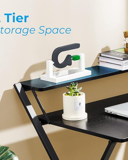 GreenForest Folding Desk No Assembly Required Large Size, 2-Tier Foldable Computer Desk with Shelf for Home Office, Space Saving Portable Laptop Study Foldable Table for Bedroom, Black - LeafyLoom