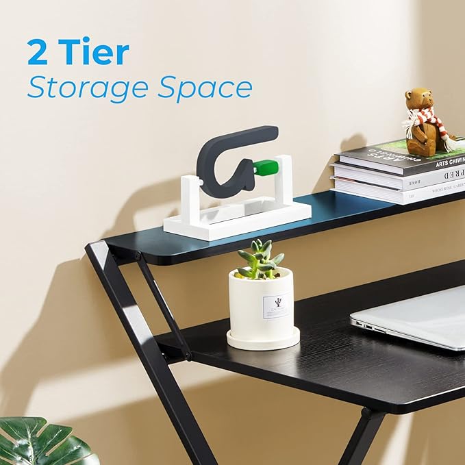 GreenForest Folding Desk No Assembly Required Large Size, 2-Tier Foldable Computer Desk with Shelf for Home Office, Space Saving Portable Laptop Study Foldable Table for Bedroom, Black - LeafyLoom