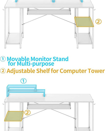 Computer Desk with Keyboard Tray, 55 Inch Music Studio Desk Music Production Desk with Storage Shelves Monitor Stands and 4 Iron Hooks, Desk Workstation Gaming Table for Home Office - LeafyLoom