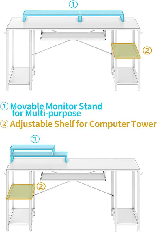 Computer Desk with Keyboard Tray, 55 Inch Music Studio Desk Music Production Desk with Storage Shelves Monitor Stands and 4 Iron Hooks, Desk Workstation Gaming Table for Home Office - LeafyLoom