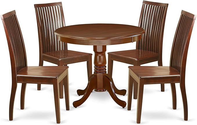 East West Furniture ANIP5-MAH-W 5 Piece Kitchen Set Includes a Round Table with Pedestal and 4 Dining Room Chairs, 36x36 Inch - LeafyLoom