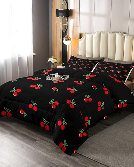 Erosebridal Red Cherry Bedding Set for Kids, Fruit Kawaii Comforter Set Full, Cute Cherry Cartoon Quilted Duvet for Boys Girls Women Bedroom Decor, Reversible Luxury Cherry Quilted Comforter, Black - LeafyLoom