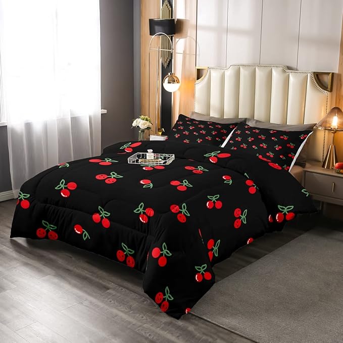 Erosebridal Red Cherry Bedding Set for Kids, Fruit Kawaii Comforter Set Full, Cute Cherry Cartoon Quilted Duvet for Boys Girls Women Bedroom Decor, Reversible Luxury Cherry Quilted Comforter, Black - LeafyLoom