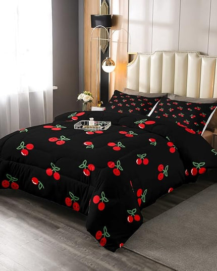 Red Cherry Comforter Set for Kids, Fruit Kawaii Bedding Set Queen, Cartoon Cute Cherry Duvet Sets for Boys Girls Women Bedroom Decor, Reversible Luxury Soft Down Comforter with 2 Pillow Cases, Black - LeafyLoom