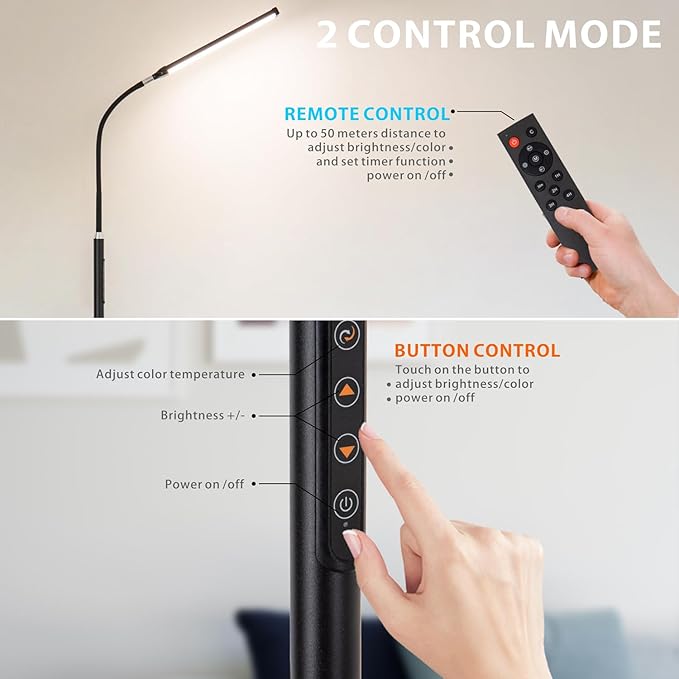 LED Floor Lamp with Remote Touch Control,Dimmable 15W Pole Lamps for Living Room,70'' Adjustable Height Standing Reading Light with 10 Brightness/5 Timer/3 Colors for Lash Tatto Esthetician - LeafyLoom