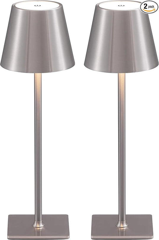 KDG 2 Pack Cordless Table Lamp,Portable LED Desk Lamp, 5000mAh Battery Operated, 3 Color Stepless Dimming Up, for Restaurant/Bedroom/Bars/Outdoor Party/Camping/Coffee Shop Night Light(Brushed Nickel) - LeafyLoom