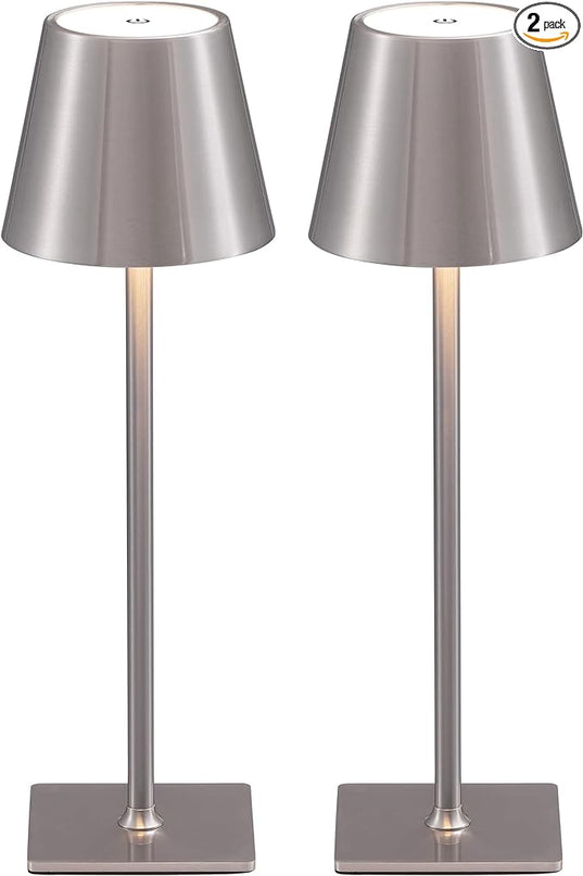 KDG 2 Pack Cordless Table Lamp,Portable LED Desk Lamp, 5000mAh Battery Operated, 3 Color Stepless Dimming Up, for Restaurant/Bedroom/Bars/Outdoor Party/Camping/Coffee Shop Night Light(Brushed Nickel) - LeafyLoom