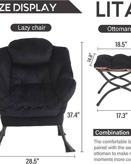 LITA Lazy Chair with Ottoman, Modern Accent Leisure Upholstered Sofa Chair, Contemporary Lounge Reading Chair with Armrests and a Side Pocket for Living Room, Bedroom & Small Space, Black - LeafyLoom