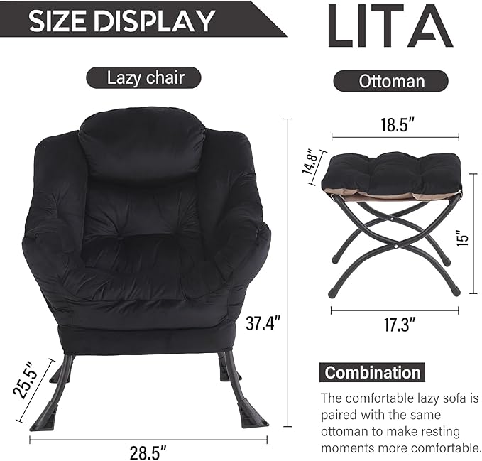 LITA Lazy Chair with Ottoman, Modern Accent Leisure Upholstered Sofa Chair, Contemporary Lounge Reading Chair with Armrests and a Side Pocket for Living Room, Bedroom & Small Space, Black - LeafyLoom