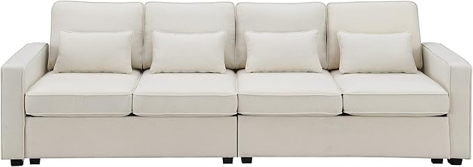 Sectional Living Room,Minimalist I Shape Couch,Compact Linen Fabric Modular Upholstered Sofa with Armrest Pocket and Removable Cushions,4 Pillow, 104" (4 Seater), Beige - LeafyLoom