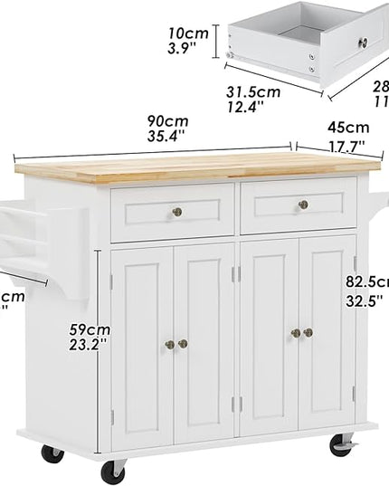 soges Rolling Kitchen Island Cart with Storage, Wood Trolley Cart with Spice and Towel Rack, Mobile Kitchen Storage Cabinet Island Table on Wheels, Serving Cart with Cabinet and Drawers,FZSR-HT01WT - LeafyLoom