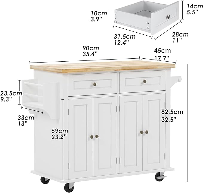 soges Rolling Kitchen Island Cart with Storage, Wood Trolley Cart with Spice and Towel Rack, Mobile Kitchen Storage Cabinet Island Table on Wheels, Serving Cart with Cabinet and Drawers,FZSR-HT01WT - LeafyLoom