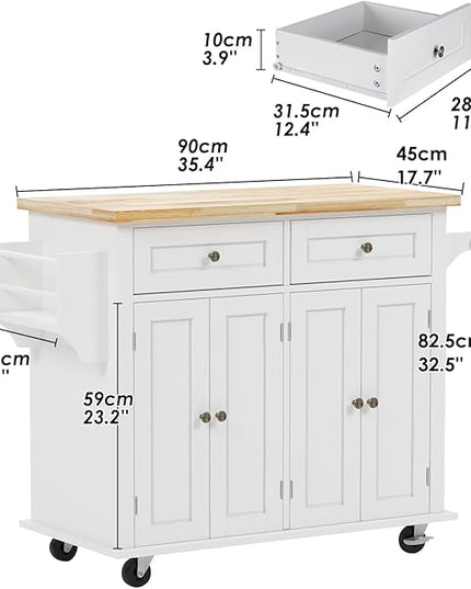 SogesHome Kitchen Island Cart with Storage Kitchen Cart Sideboard and Buffet with Wheels Bar Cart with Large Countertop, with Towel Holder and Spice Rack, 2 Drawers, 2-Door Cabinets, White&Maple - LeafyLoom