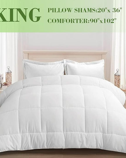 AMGUI White King Bed Clearance Comforter Set with 2 Pillow Shams, White - LeafyLoom