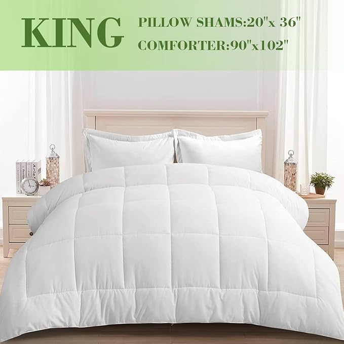 AMGUI White King Bed Clearance Comforter Set with 2 Pillow Shams, White - LeafyLoom