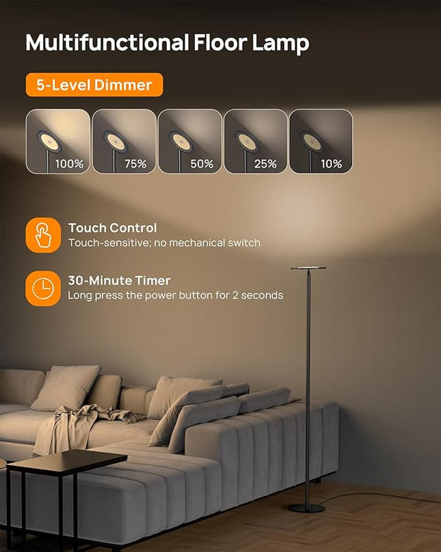 TROND Floor Lamp, 5000LM Super Bright Sky LED Modern Torchiere Standing Lamp, 3000K Warm White Light, 5-Level Dimmable, Modular 71 in Tall Pole Light, 30-Minute Timer for Living Room, Bed Room - LeafyLoom